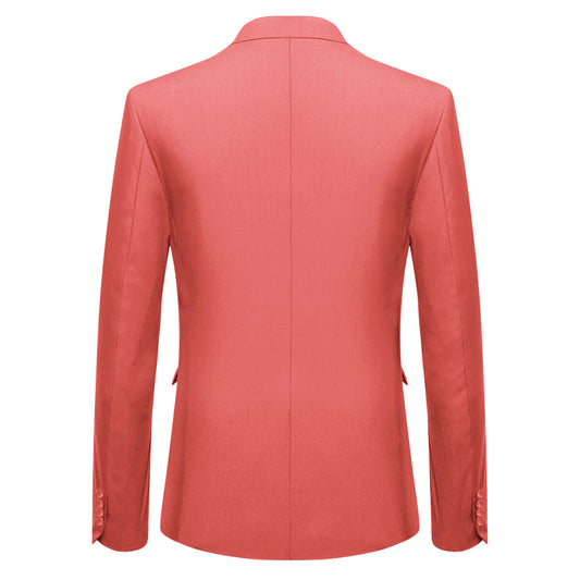 Rose Red # Men's slim fit 3-piece one-button fashion suit with peaked lapel and button closure, rose red formal blazer jacket with matching vest and flat-front trousers with extended waist strap and slanted side pockets, elegant polyester suit for business, wedding, prom and daily wear, isolated on white background.