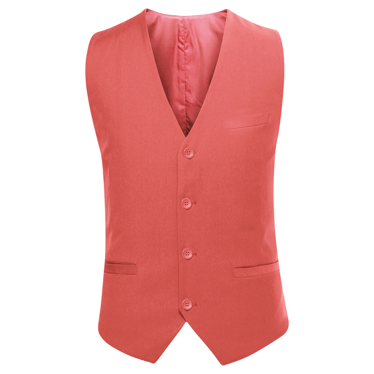 Rose Red # Men's slim fit 3-piece one-button fashion suit with peaked lapel and button closure, rose red formal blazer jacket with matching vest and flat-front trousers with extended waist strap and slanted side pockets, elegant polyester suit for business, wedding, prom and daily wear, isolated on white background.