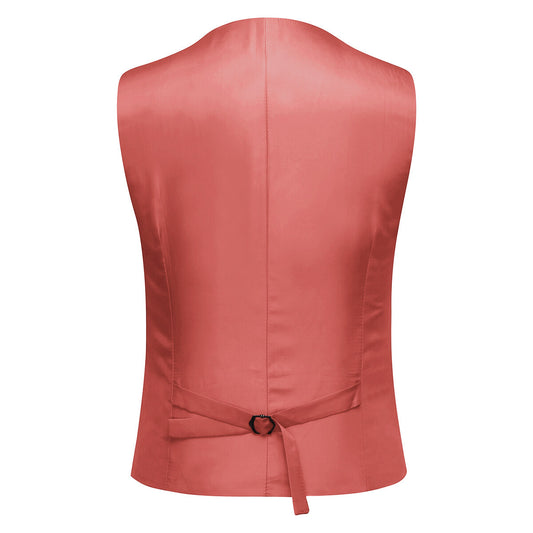Rose Red # Men's slim fit 3-piece one-button fashion suit with peaked lapel and button closure, rose red formal blazer jacket with matching vest and flat-front trousers with extended waist strap and slanted side pockets, elegant polyester suit for business, wedding, prom and daily wear, isolated on white background.