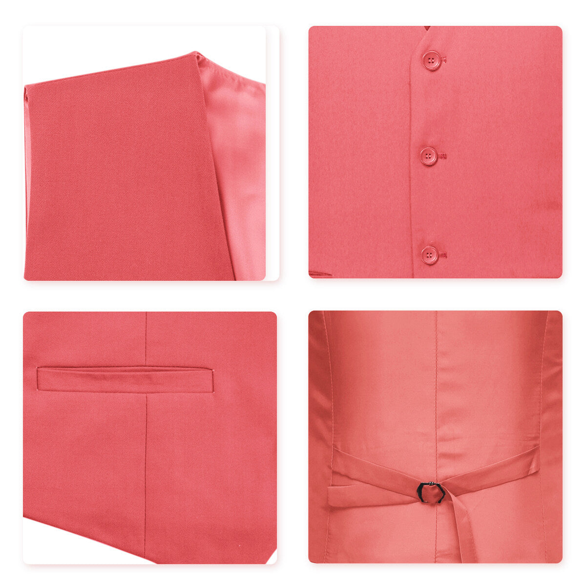Rose Red # Men's slim fit 3-piece one-button fashion suit with peaked lapel and button closure, rose red formal blazer jacket with matching vest and flat-front trousers with extended waist strap and slanted side pockets, elegant polyester suit for business, wedding, prom and daily wear, isolated on white background.