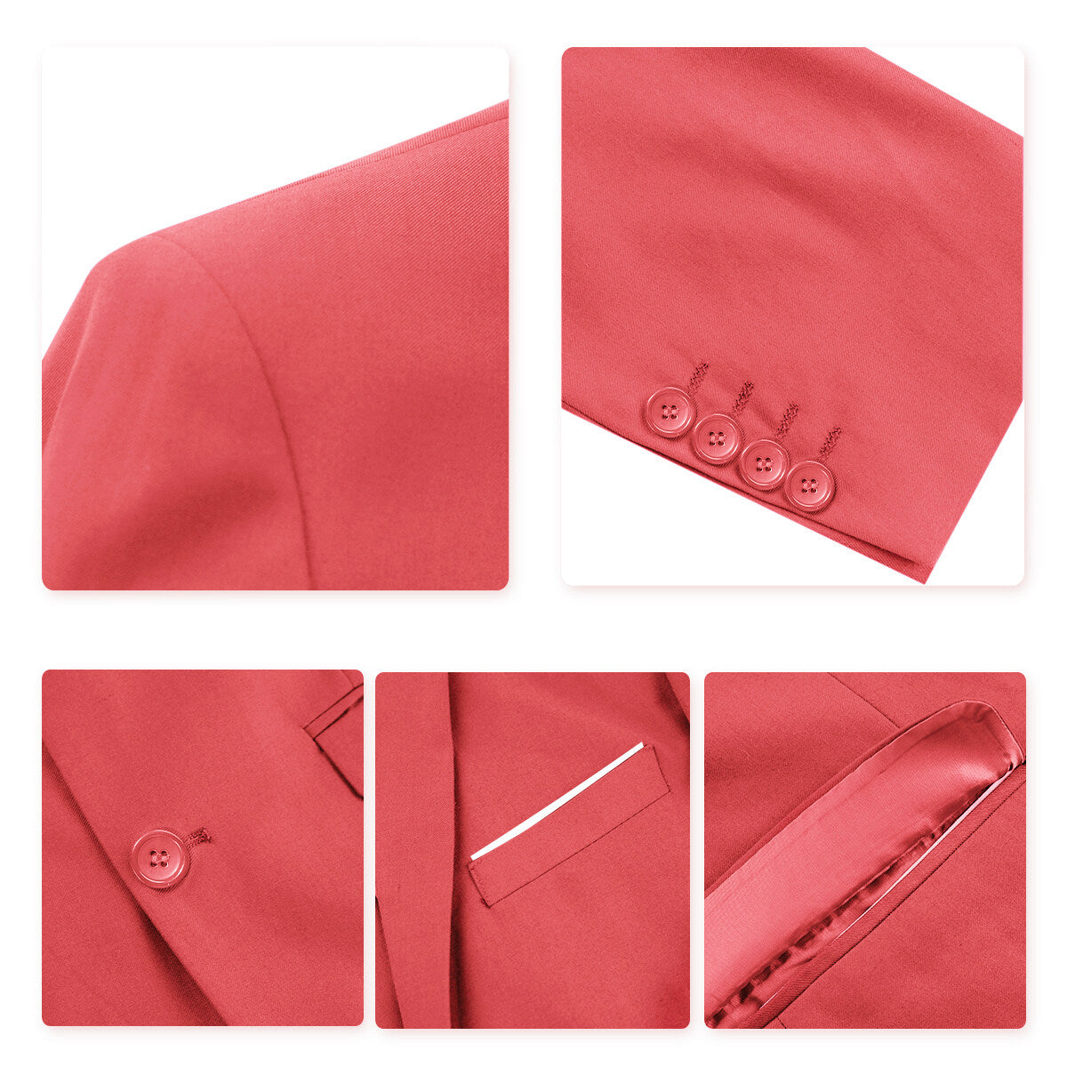 Rose Red # Men's slim fit 3-piece one-button fashion suit with peaked lapel and button closure, rose red formal blazer jacket with matching vest and flat-front trousers with extended waist strap and slanted side pockets, elegant polyester suit for business, wedding, prom and daily wear, isolated on white background.