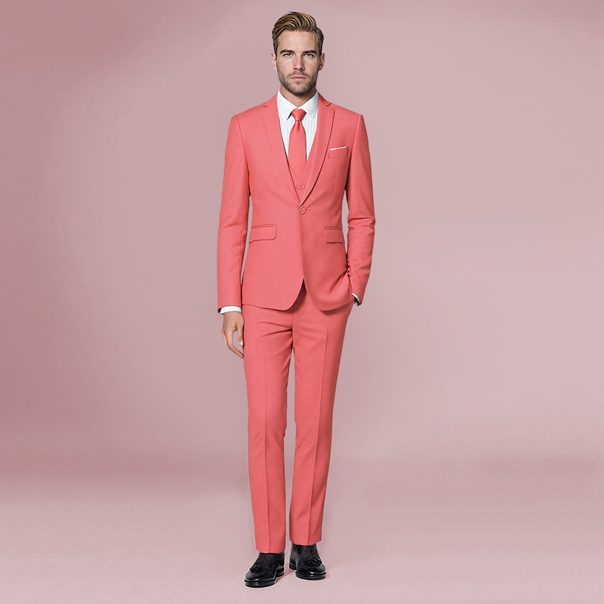 Rose Red # Men's slim fit 3-piece one-button fashion suit with peaked lapel and button closure, rose red formal blazer jacket with matching vest and flat-front trousers with extended waist strap and slanted side pockets, elegant polyester suit for business, wedding, prom and daily wear, isolated on white background.