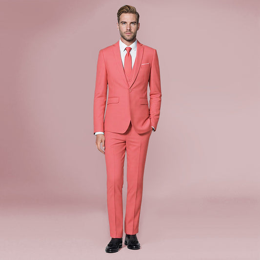 Rose Red # Men's slim fit 3-piece one-button fashion suit with peaked lapel and button closure, rose red formal blazer jacket with matching vest and flat-front trousers with extended waist strap and slanted side pockets, elegant polyester suit for business, wedding, prom and daily wear, isolated on white background.