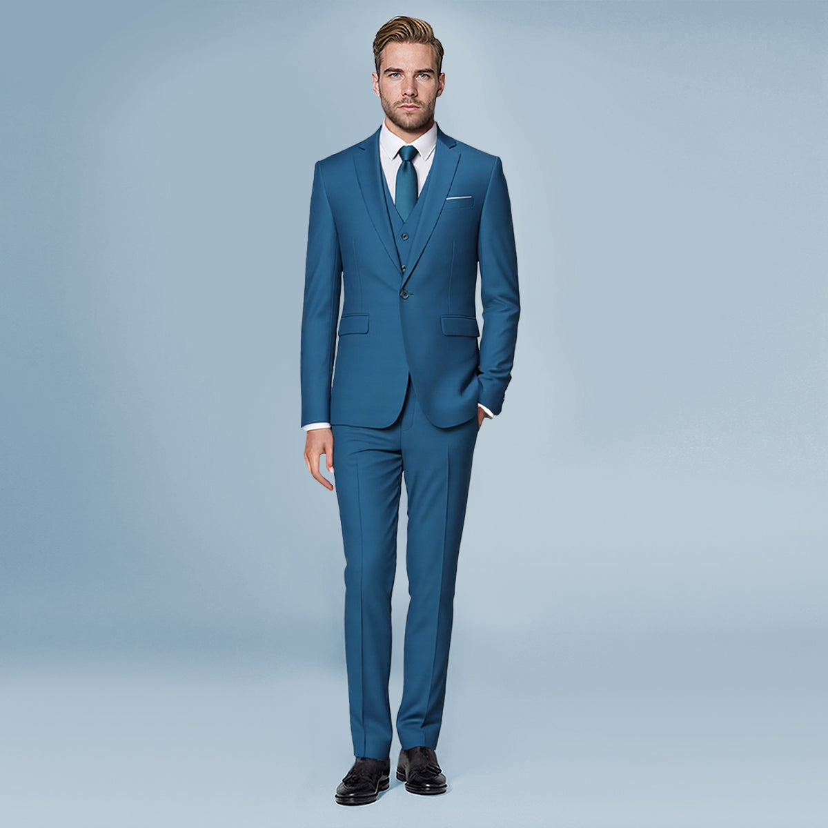 Royal Blue # Men's slim fit 3-piece classic casual suit with one-button peaked lapel and button closure, royal blue formal blazer jacket with matching vest and flat-front trousers with extended waist strap and slanted side pockets, elegant polyester viscose blend suit for business, wedding, office and daily wear, isolated on white background.