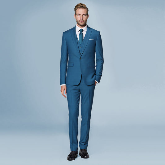 Royal Blue # Men's slim fit 3-piece classic casual suit with one-button peaked lapel and button closure, royal blue formal blazer jacket with matching vest and flat-front trousers with extended waist strap and slanted side pockets, elegant polyester viscose blend suit for business, wedding, office and daily wear, isolated on white background.