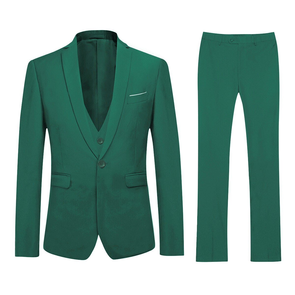 Dark Cyan # Men's slim fit 3-piece one button formal suit with peaked lapel and button closure, dark cyan classic blazer jacket with matching vest and flat-front trousers with extended waist strap and slanted side pockets, elegant polyester suit for business, wedding, office and daily wear, isolated on white background.