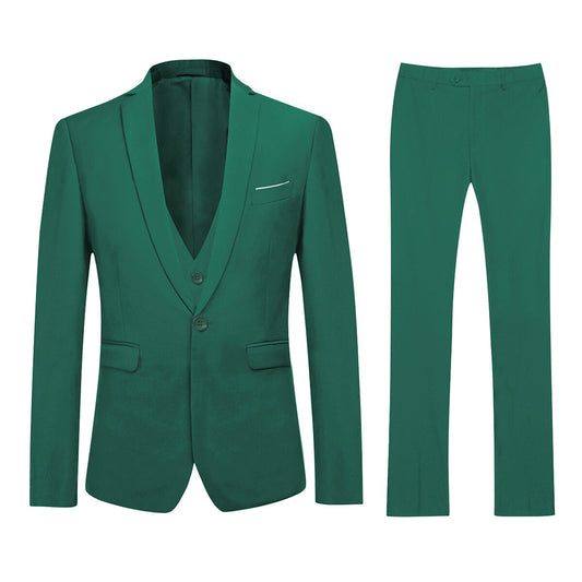 Dark Cyan # Men's slim fit 3-piece one button formal suit with peaked lapel and button closure, dark cyan classic blazer jacket with matching vest and flat-front trousers with extended waist strap and slanted side pockets, elegant polyester suit for business, wedding, office and daily wear, isolated on white background.