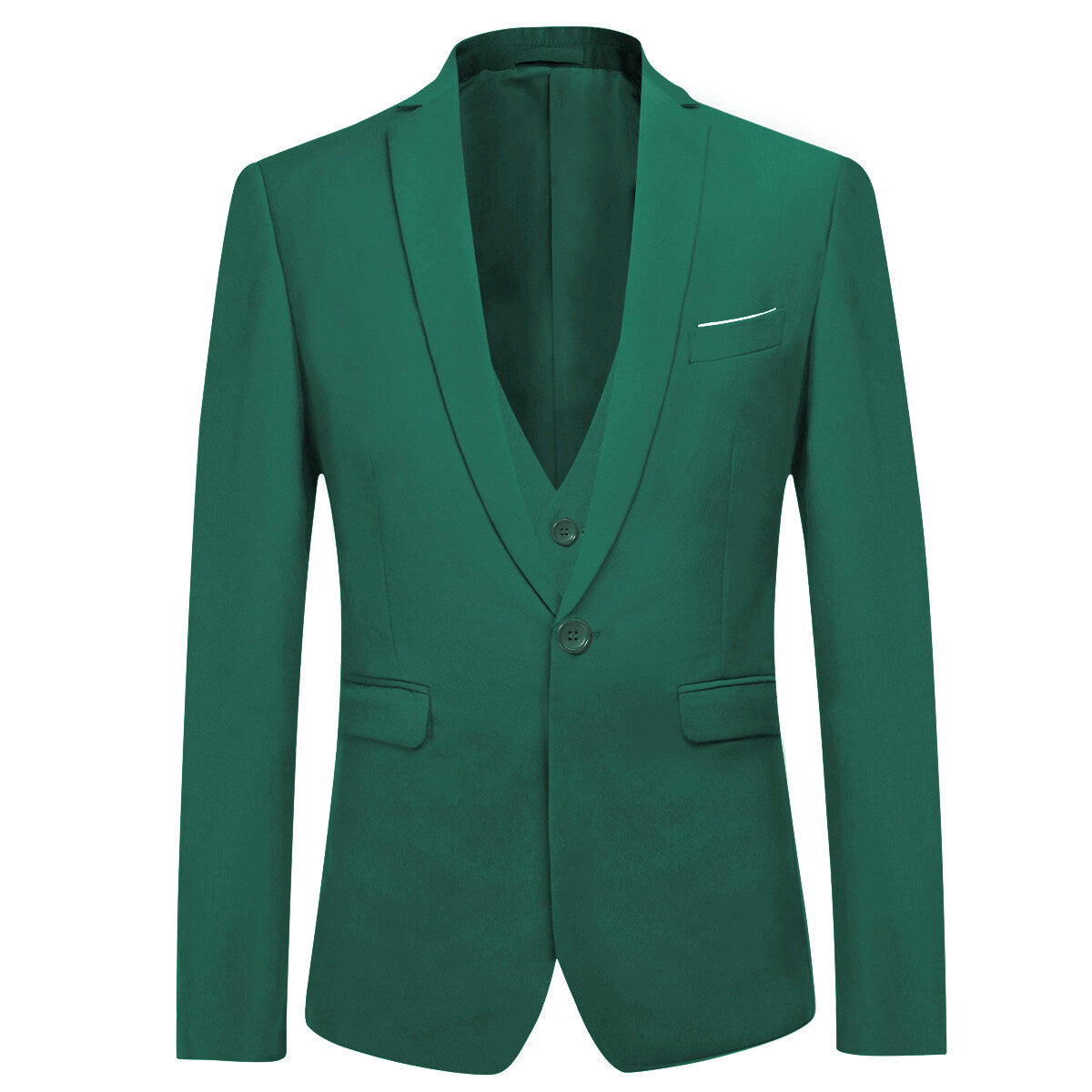 Dark Cyan # Men's slim fit 3-piece one button formal suit with peaked lapel and button closure, dark cyan classic blazer jacket with matching vest and flat-front trousers with extended waist strap and slanted side pockets, elegant polyester suit for business, wedding, office and daily wear, isolated on white background.