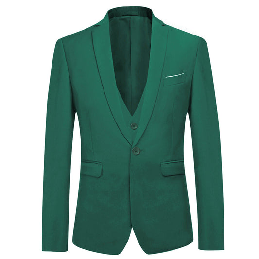 Dark Cyan # Men's slim fit 3-piece one button formal suit with peaked lapel and button closure, dark cyan classic blazer jacket with matching vest and flat-front trousers with extended waist strap and slanted side pockets, elegant polyester suit for business, wedding, office and daily wear, isolated on white background.
