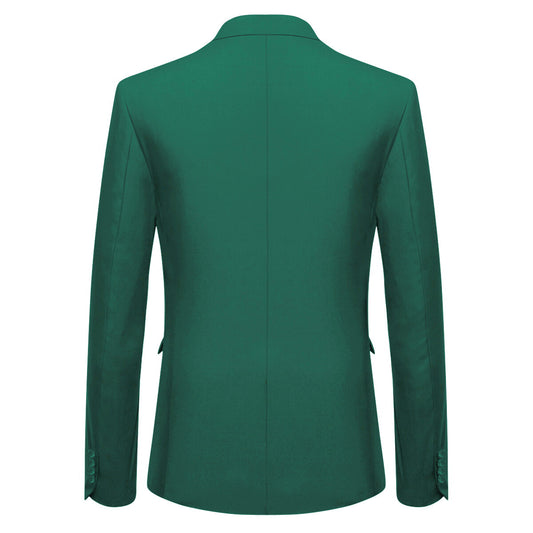 Dark Cyan # Men's slim fit 3-piece one button formal suit with peaked lapel and button closure, dark cyan classic blazer jacket with matching vest and flat-front trousers with extended waist strap and slanted side pockets, elegant polyester suit for business, wedding, office and daily wear, isolated on white background.