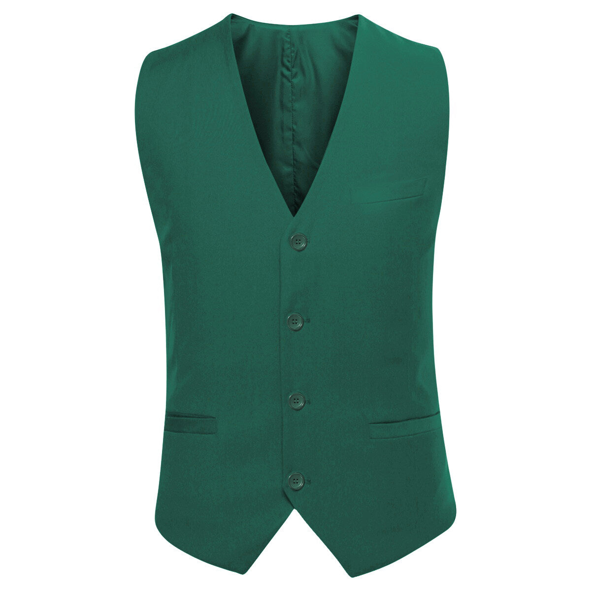Dark Cyan # Men's slim fit 3-piece one button formal suit with peaked lapel and button closure, dark cyan classic blazer jacket with matching vest and flat-front trousers with extended waist strap and slanted side pockets, elegant polyester suit for business, wedding, office and daily wear, isolated on white background.
