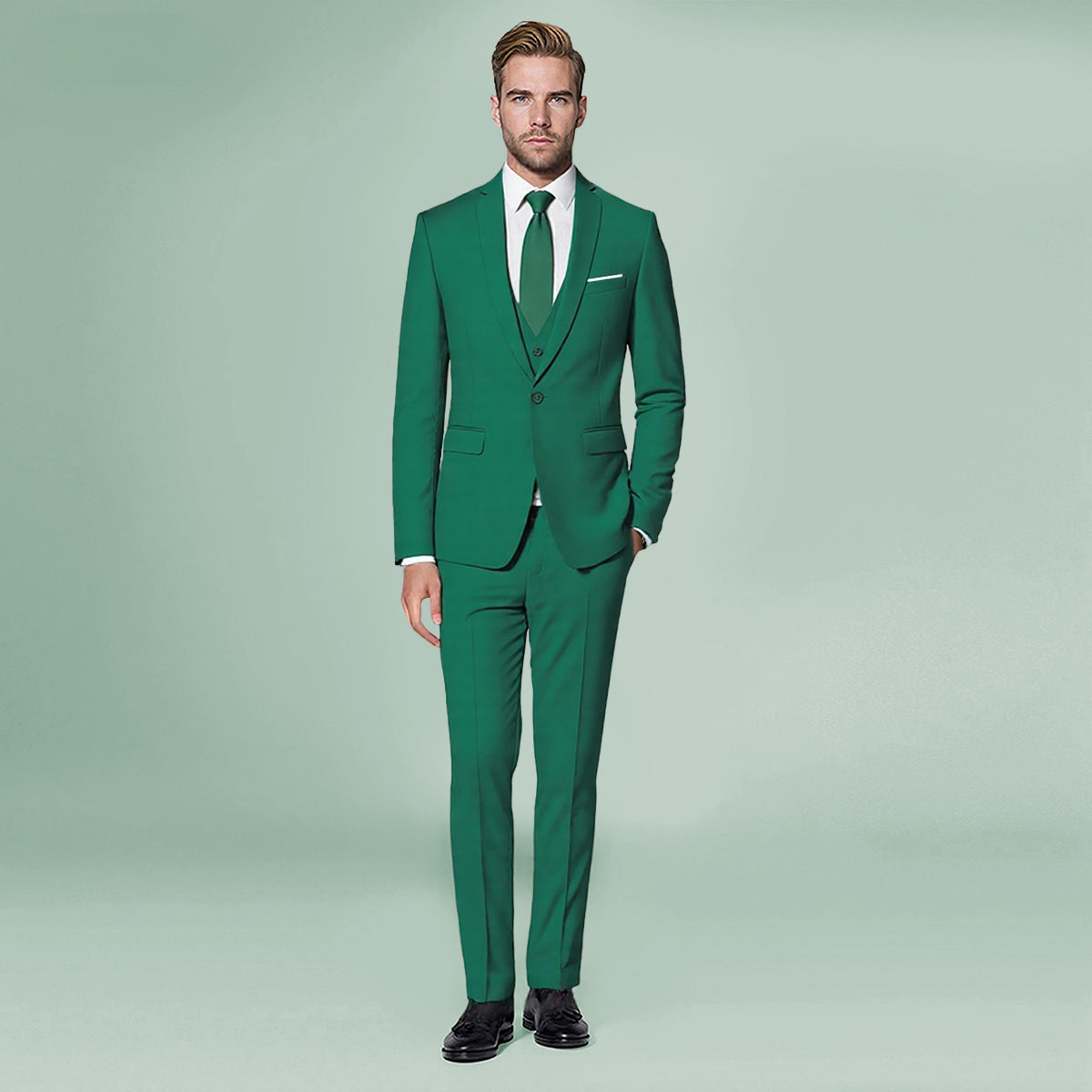 Dark Cyan # Men's slim fit 3-piece one button formal suit with peaked lapel and button closure, dark cyan classic blazer jacket with matching vest and flat-front trousers with extended waist strap and slanted side pockets, elegant polyester suit for business, wedding, office and daily wear, isolated on white background.