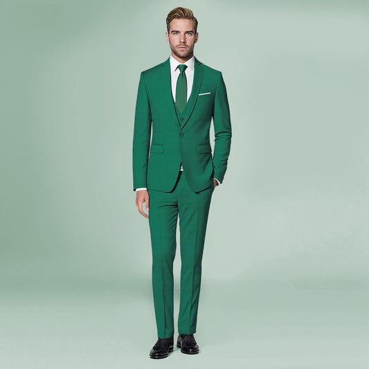 Dark Cyan # Men's slim fit 3-piece one button formal suit with peaked lapel and button closure, dark cyan classic blazer jacket with matching vest and flat-front trousers with extended waist strap and slanted side pockets, elegant polyester suit for business, wedding, office and daily wear, isolated on white background.