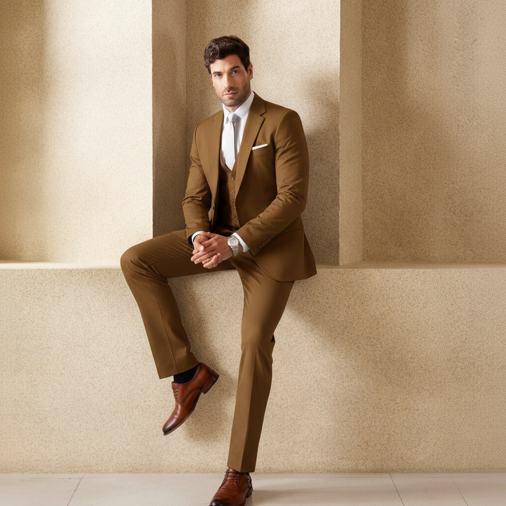 Light Coffee # Men's slim fit 3-piece one-button formal suit with peaked lapel and button closure, light coffee blazer jacket with matching vest and flat-front trousers with extended waist strap, elegant polyester suit for business, wedding, prom and daily wear, isolated on white background.