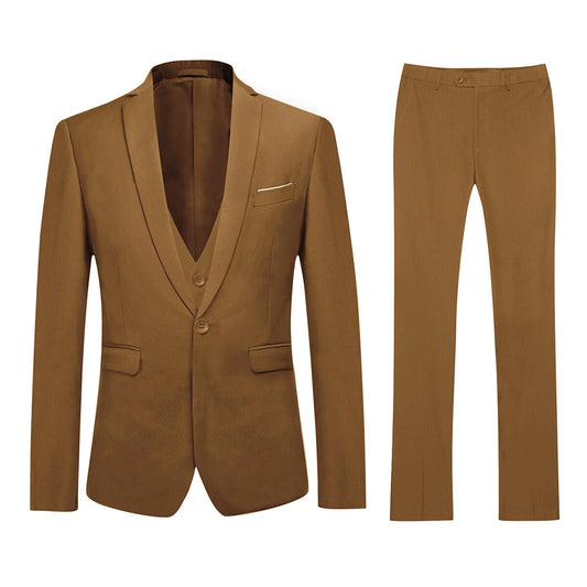 Light Coffee # Men's slim fit 3-piece one-button formal suit with peaked lapel and button closure, light coffee blazer jacket with matching vest and flat-front trousers with extended waist strap, elegant polyester suit for business, wedding, prom and daily wear, isolated on white background.
