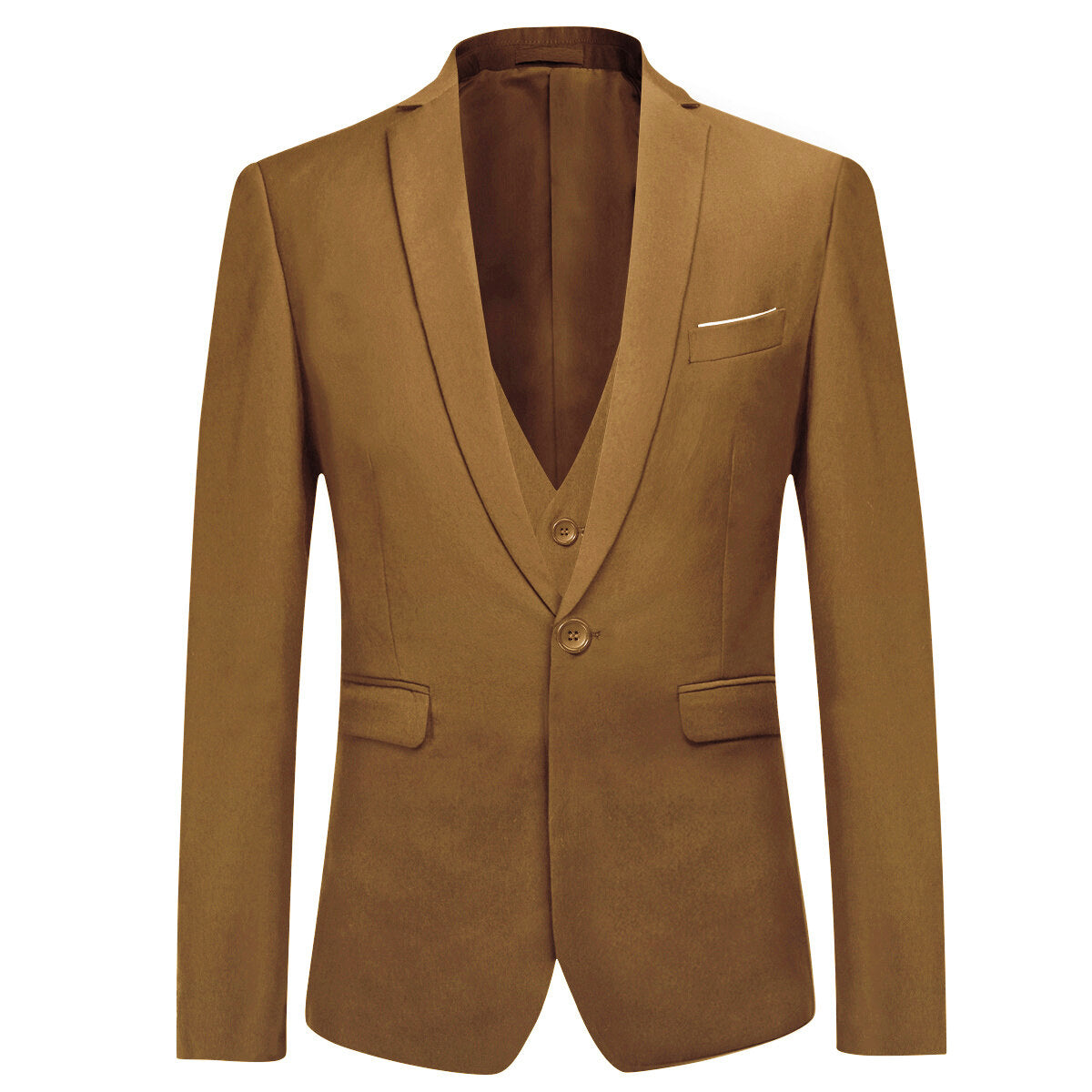 Light Coffee # Men's slim fit 3-piece one-button formal suit with peaked lapel and button closure, light coffee blazer jacket with matching vest and flat-front trousers with extended waist strap, elegant polyester suit for business, wedding, prom and daily wear, isolated on white background.