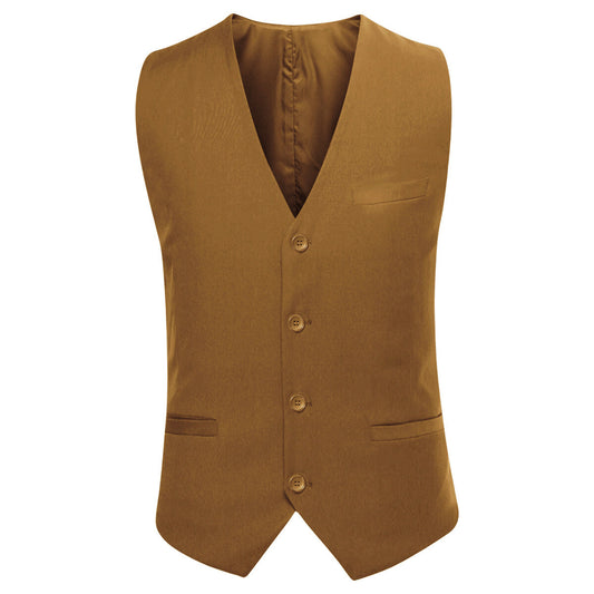 Light Coffee # Men's slim fit 3-piece one-button formal suit with peaked lapel and button closure, light coffee blazer jacket with matching vest and flat-front trousers with extended waist strap, elegant polyester suit for business, wedding, prom and daily wear, isolated on white background.