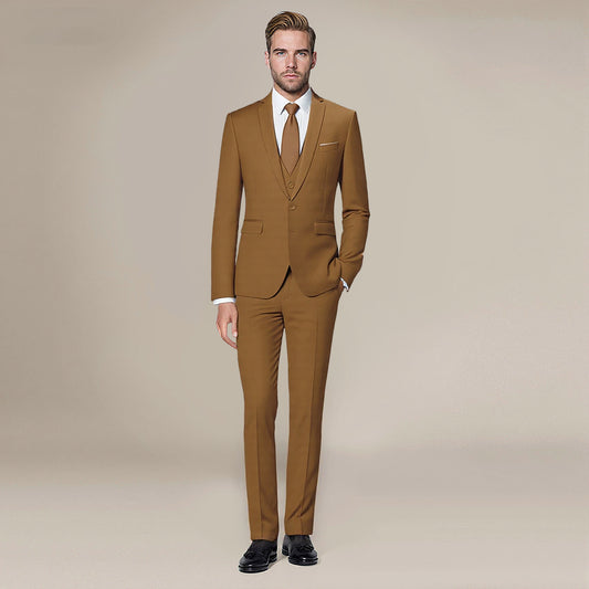 Light Coffee # Men's slim fit 3-piece one-button formal suit with peaked lapel and button closure, light coffee blazer jacket with matching vest and flat-front trousers with extended waist strap, elegant polyester suit for business, wedding, prom and daily wear, isolated on white background.