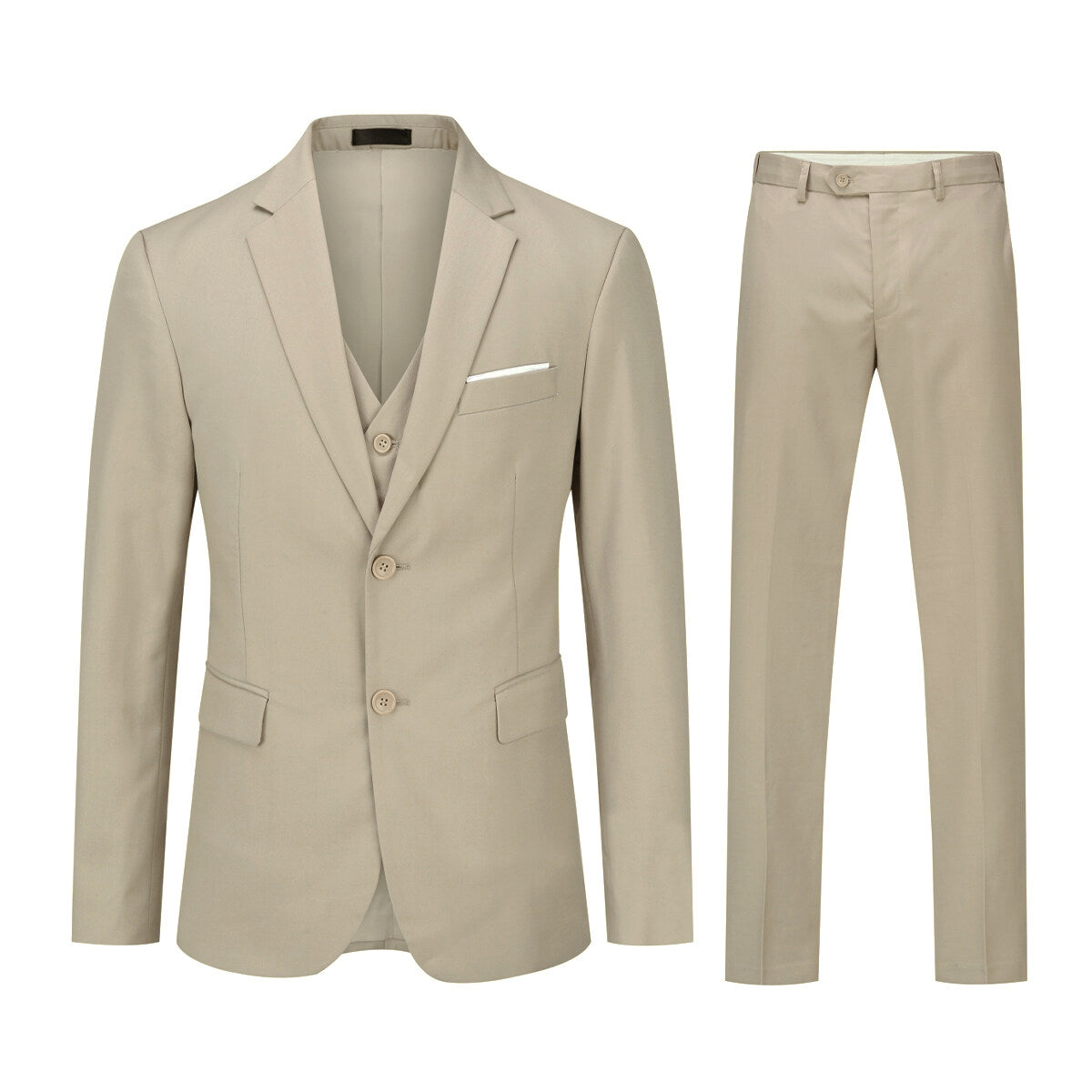 Beige # Men's slim fit 3-piece notched lapel casual suit with four-button cuffs and single-breasted closure, beige formal blazer jacket with matching vest and flat-front trousers with extended waist strap, classic elegant business wear for office, wedding, prom and daily events, isolated on white background.