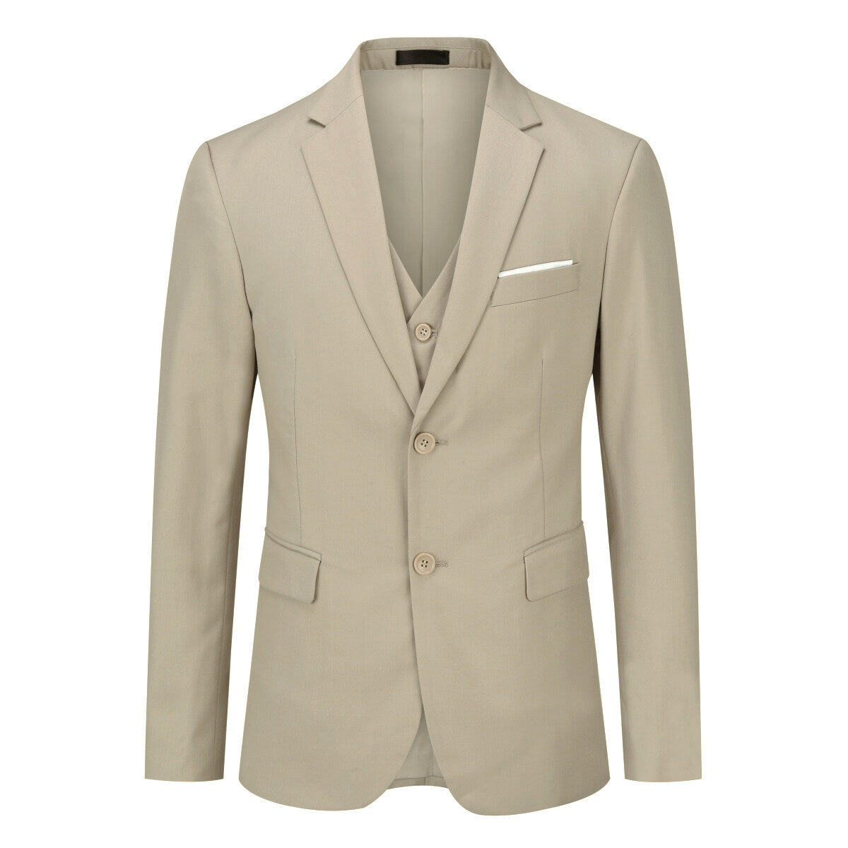 Beige # Men's slim fit 3-piece notched lapel casual suit with four-button cuffs and single-breasted closure, beige formal blazer jacket with matching vest and flat-front trousers with extended waist strap, classic elegant business wear for office, wedding, prom and daily events, isolated on white background.