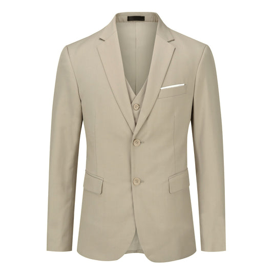 Beige # Men's slim fit 3-piece notched lapel casual suit with four-button cuffs and single-breasted closure, beige formal blazer jacket with matching vest and flat-front trousers with extended waist strap, classic elegant business wear for office, wedding, prom and daily events, isolated on white background.
