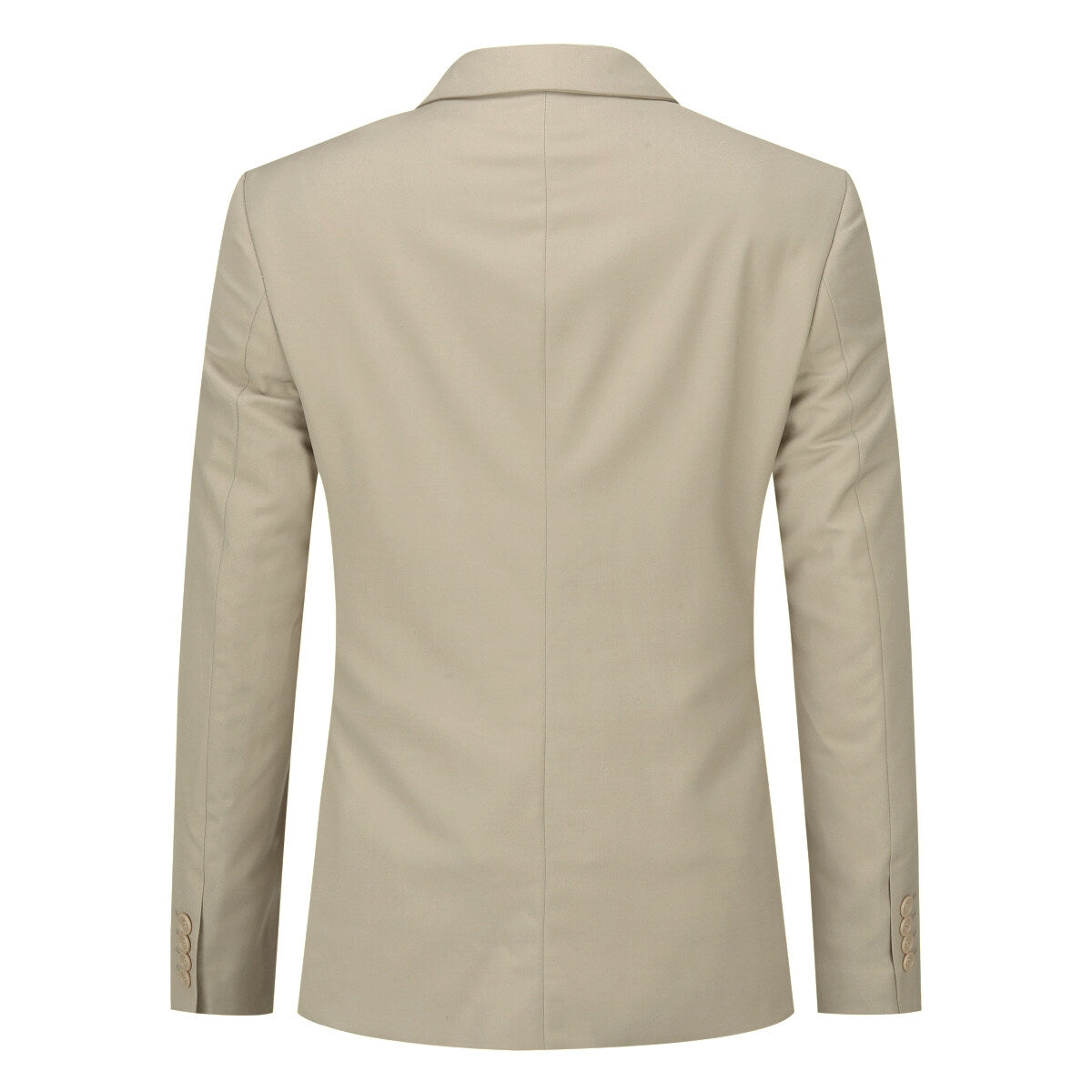 Beige # Men's slim fit 3-piece notched lapel casual suit with four-button cuffs and single-breasted closure, beige formal blazer jacket with matching vest and flat-front trousers with extended waist strap, classic elegant business wear for office, wedding, prom and daily events, isolated on white background.