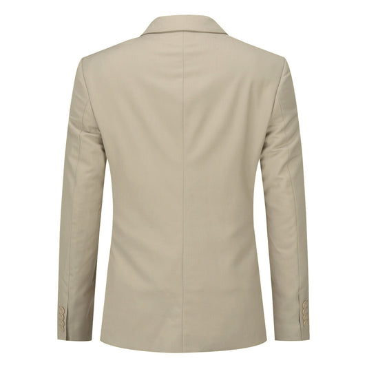Beige # Men's slim fit 3-piece notched lapel casual suit with four-button cuffs and single-breasted closure, beige formal blazer jacket with matching vest and flat-front trousers with extended waist strap, classic elegant business wear for office, wedding, prom and daily events, isolated on white background.