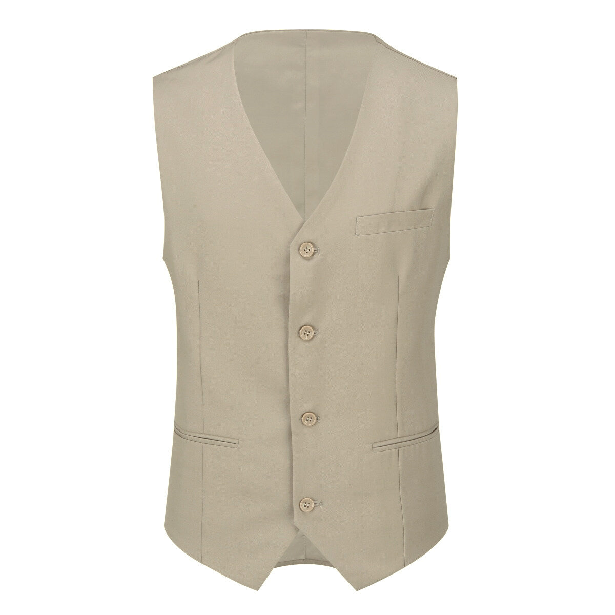Beige # Men's slim fit 3-piece notched lapel casual suit with four-button cuffs and single-breasted closure, beige formal blazer jacket with matching vest and flat-front trousers with extended waist strap, classic elegant business wear for office, wedding, prom and daily events, isolated on white background.