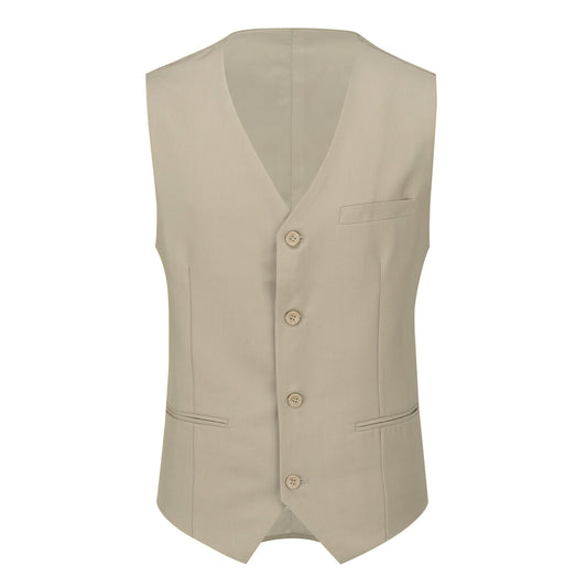 Beige # Men's slim fit 3-piece notched lapel casual suit with four-button cuffs and single-breasted closure, beige formal blazer jacket with matching vest and flat-front trousers with extended waist strap, classic elegant business wear for office, wedding, prom and daily events, isolated on white background.