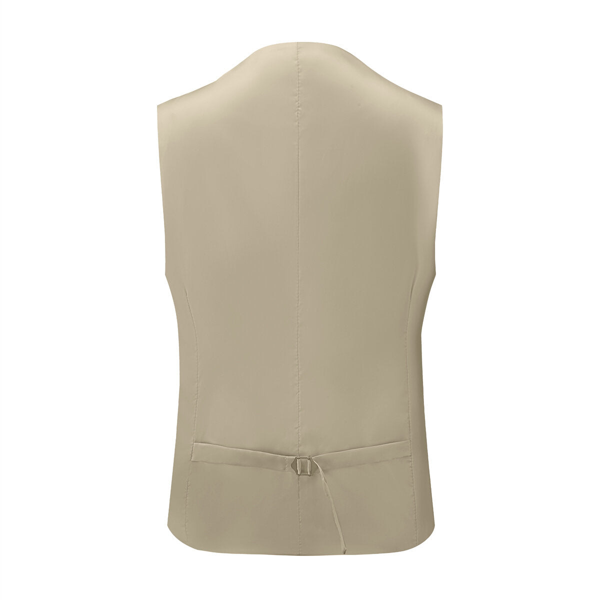 Beige # Men's slim fit 3-piece notched lapel casual suit with four-button cuffs and single-breasted closure, beige formal blazer jacket with matching vest and flat-front trousers with extended waist strap, classic elegant business wear for office, wedding, prom and daily events, isolated on white background.