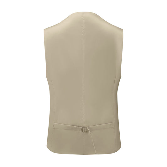 Beige # Men's slim fit 3-piece notched lapel casual suit with four-button cuffs and single-breasted closure, beige formal blazer jacket with matching vest and flat-front trousers with extended waist strap, classic elegant business wear for office, wedding, prom and daily events, isolated on white background.