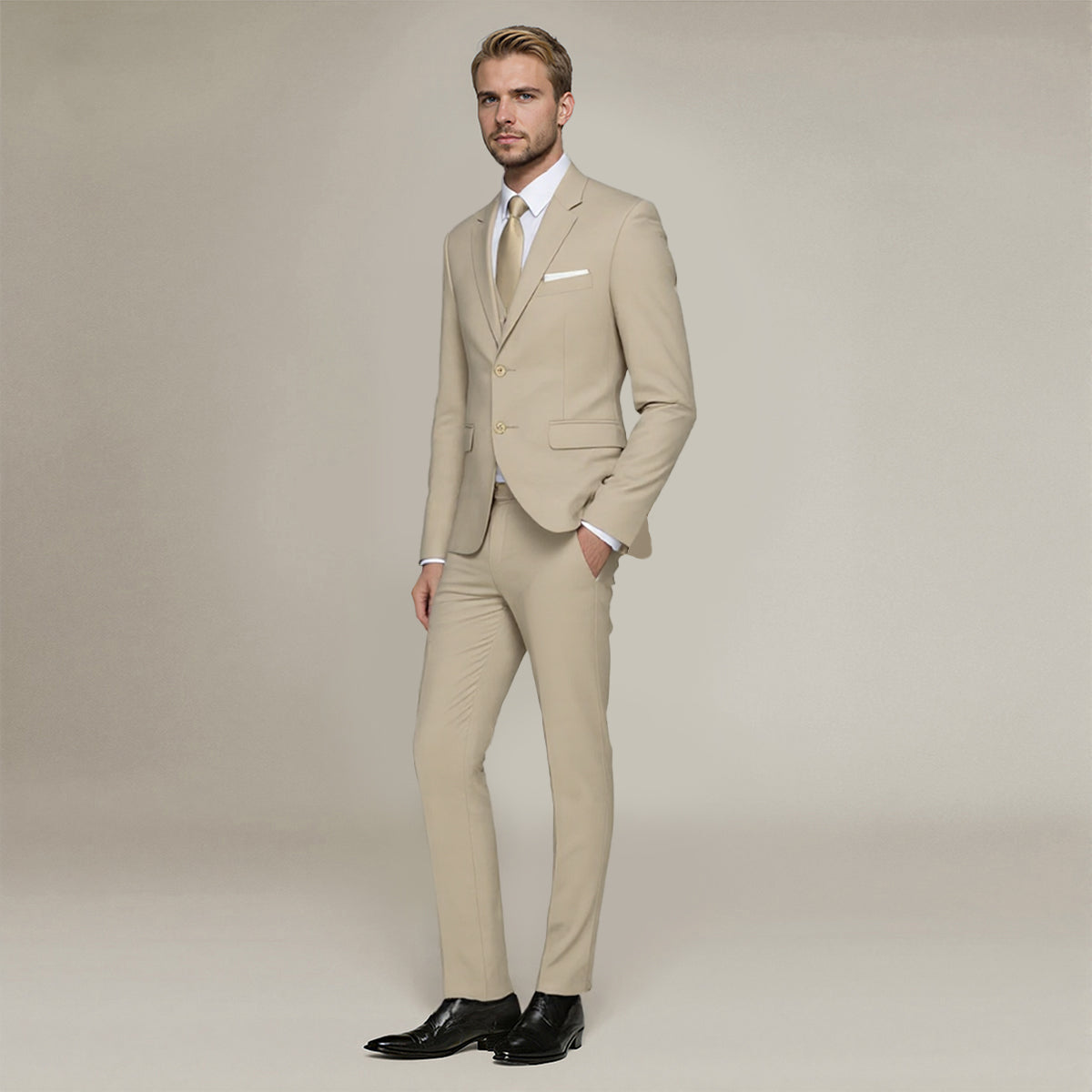 Beige # Men's slim fit 3-piece notched lapel casual suit with four-button cuffs and single-breasted closure, beige formal blazer jacket with matching vest and flat-front trousers with extended waist strap, classic elegant business wear for office, wedding, prom and daily events, isolated on white background.