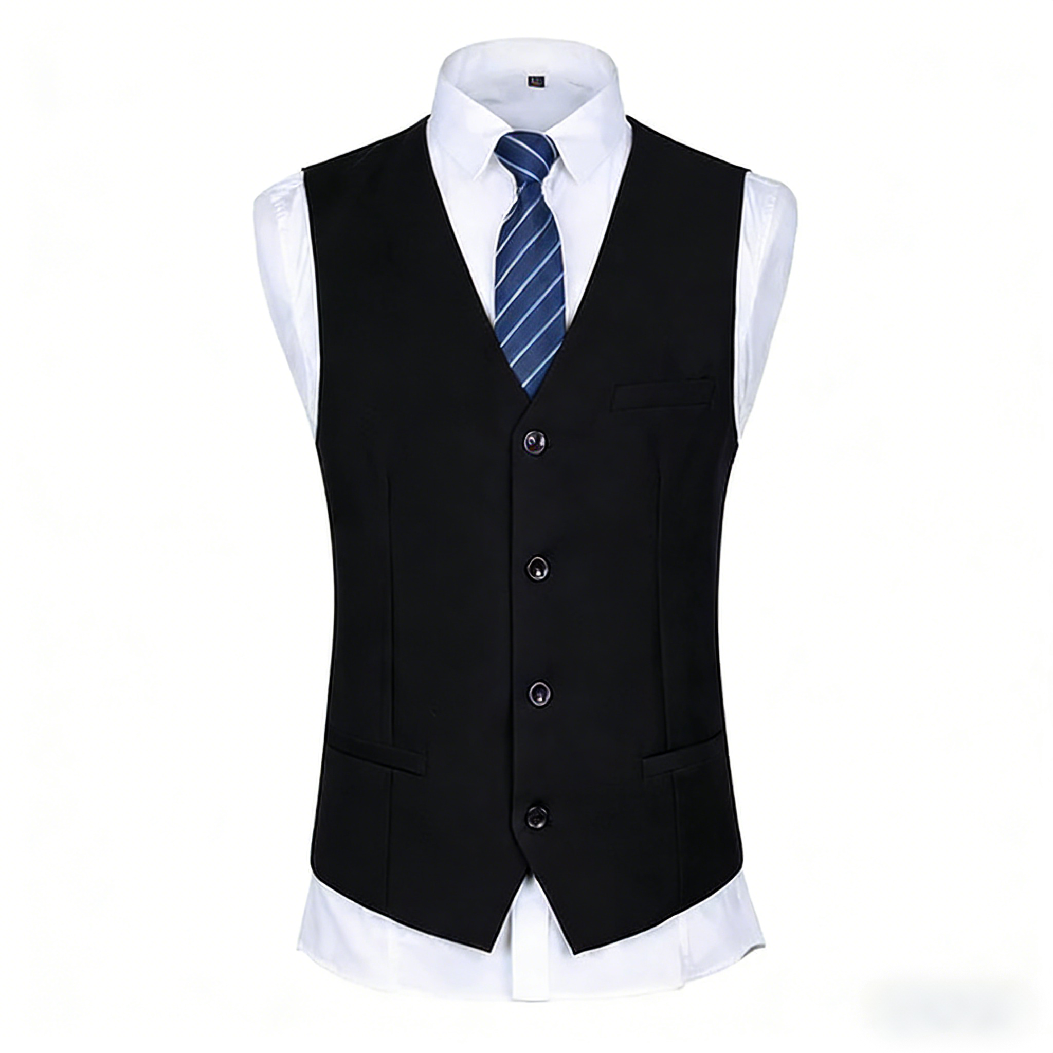 Black # Men's slim fit 3-piece casual suit with notched lapel and button closure, black formal blazer jacket with four-button cuffs, matching vest and flat-front trousers with extended waist strap and slanted side pockets, elegant polyester viscose blend suit for business, wedding, office and daily wear, isolated on white background.