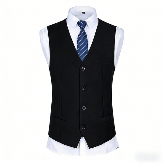 Black # Men's slim fit 3-piece casual suit with notched lapel and button closure, black formal blazer jacket with four-button cuffs, matching vest and flat-front trousers with extended waist strap and slanted side pockets, elegant polyester viscose blend suit for business, wedding, office and daily wear, isolated on white background.