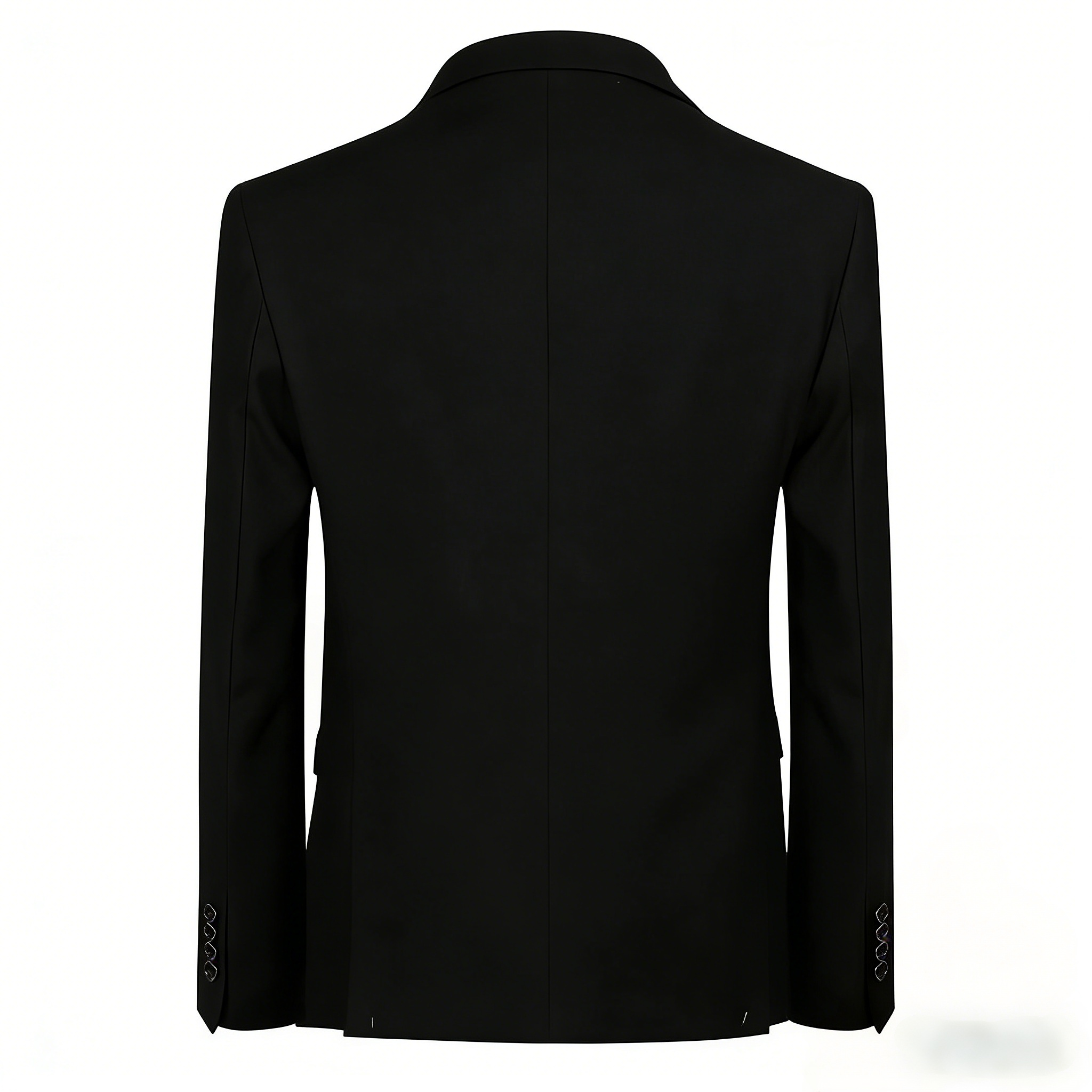 Black # Men's slim fit 3-piece casual suit with notched lapel and button closure, black formal blazer jacket with four-button cuffs, matching vest and flat-front trousers with extended waist strap and slanted side pockets, elegant polyester viscose blend suit for business, wedding, office and daily wear, isolated on white background.