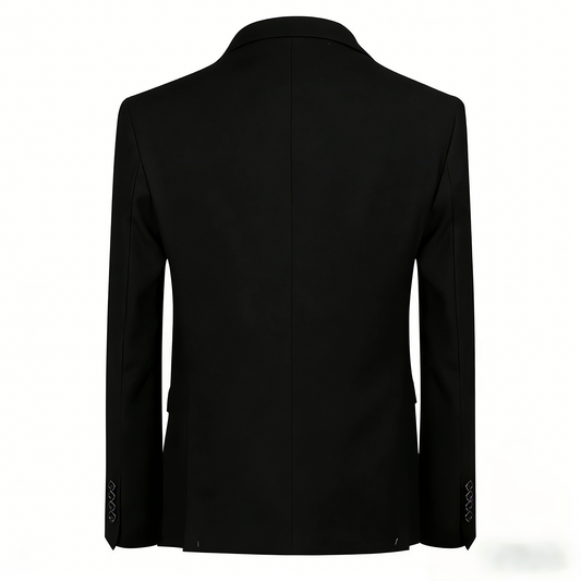 Black # Men's slim fit 3-piece casual suit with notched lapel and button closure, black formal blazer jacket with four-button cuffs, matching vest and flat-front trousers with extended waist strap and slanted side pockets, elegant polyester viscose blend suit for business, wedding, office and daily wear, isolated on white background.
