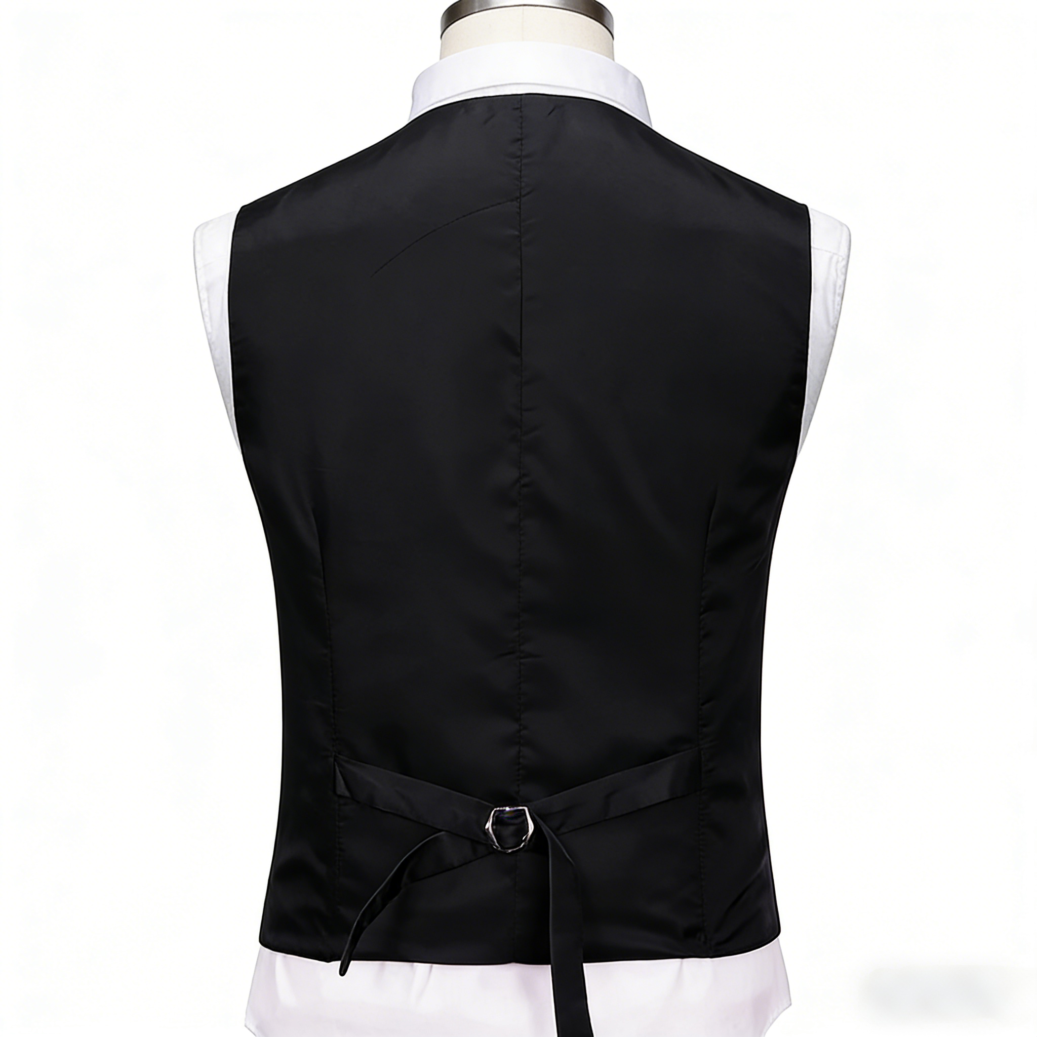 Black # Men's slim fit 3-piece casual suit with notched lapel and button closure, black formal blazer jacket with four-button cuffs, matching vest and flat-front trousers with extended waist strap and slanted side pockets, elegant polyester viscose blend suit for business, wedding, office and daily wear, isolated on white background.