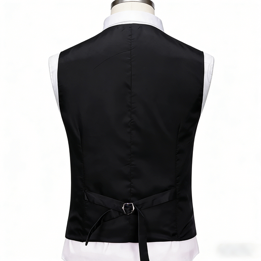 Black # Men's slim fit 3-piece casual suit with notched lapel and button closure, black formal blazer jacket with four-button cuffs, matching vest and flat-front trousers with extended waist strap and slanted side pockets, elegant polyester viscose blend suit for business, wedding, office and daily wear, isolated on white background.