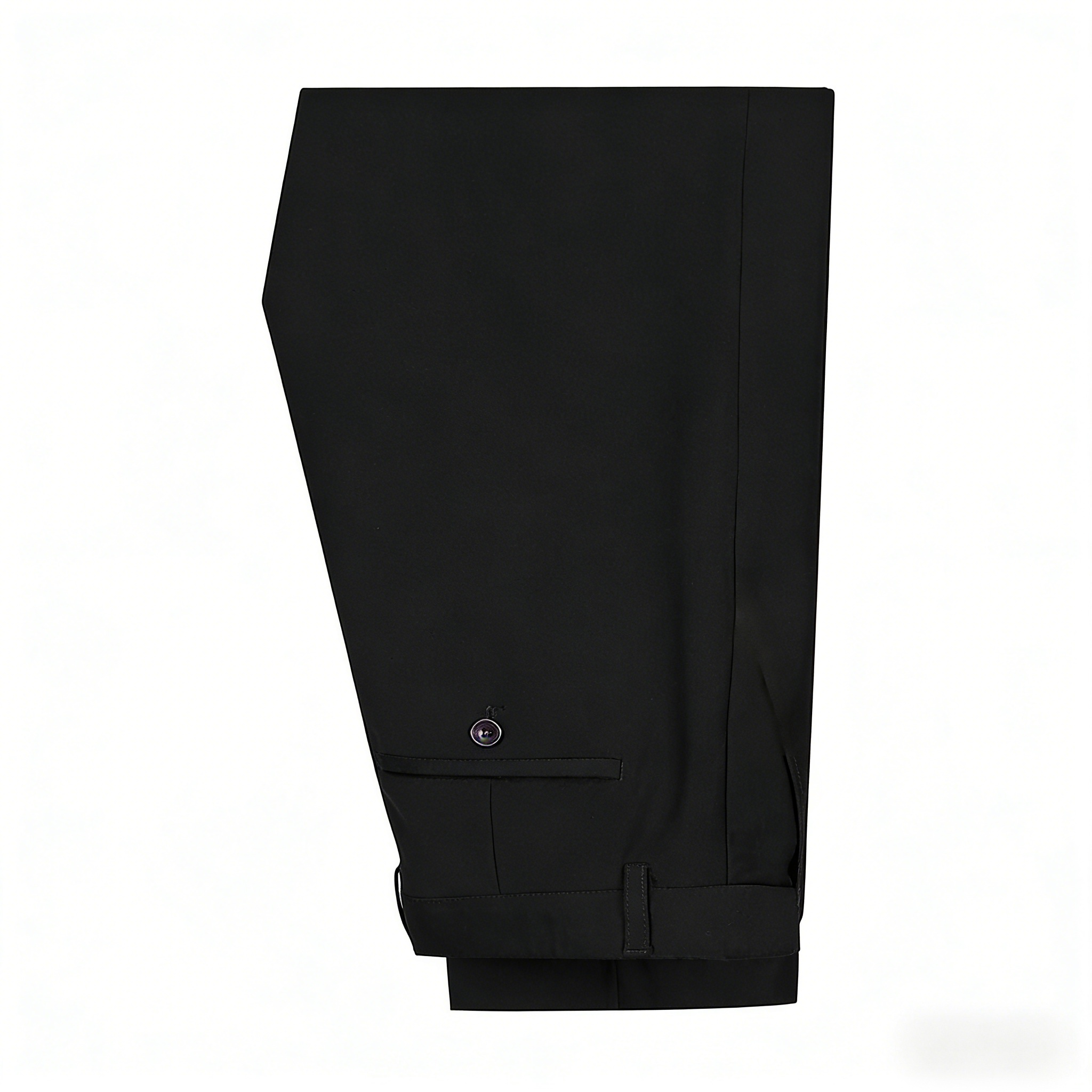 Black # Men's slim fit 3-piece casual suit with notched lapel and button closure, black formal blazer jacket with four-button cuffs, matching vest and flat-front trousers with extended waist strap and slanted side pockets, elegant polyester viscose blend suit for business, wedding, office and daily wear, isolated on white background.