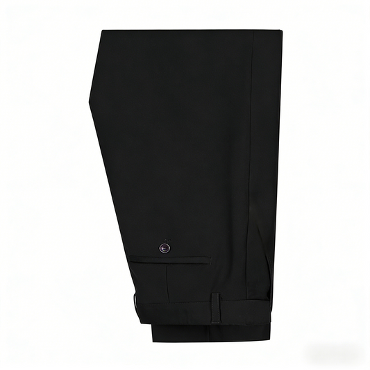 Black # Men's slim fit 3-piece casual suit with notched lapel and button closure, black formal blazer jacket with four-button cuffs, matching vest and flat-front trousers with extended waist strap and slanted side pockets, elegant polyester viscose blend suit for business, wedding, office and daily wear, isolated on white background.