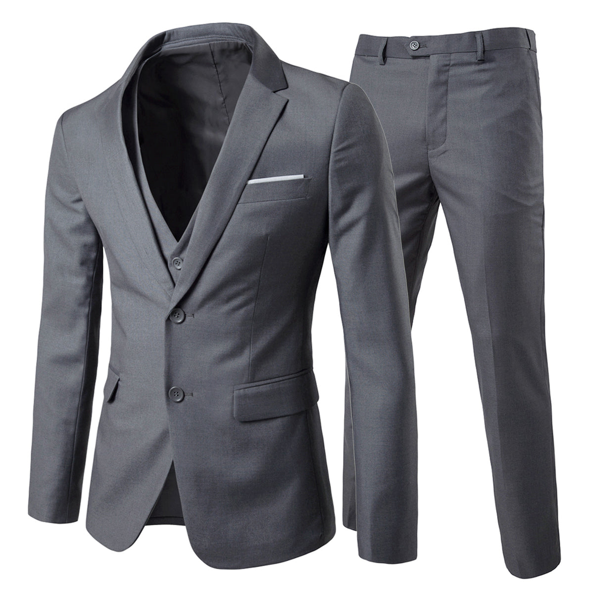 Dark Grey # Men's slim fit 3-piece casual suit with notched lapel and button closure, dark grey formal blazer jacket with four-button cuffs, matching vest and flat-front trousers with extended waist strap and slanted side pockets, elegant polyester viscose blend suit for business, wedding, office and daily wear, isolated on white background.