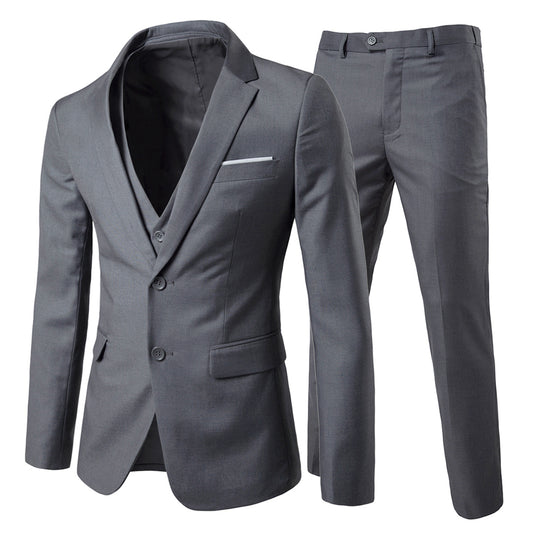 Dark Grey # Men's slim fit 3-piece casual suit with notched lapel and button closure, dark grey formal blazer jacket with four-button cuffs, matching vest and flat-front trousers with extended waist strap and slanted side pockets, elegant polyester viscose blend suit for business, wedding, office and daily wear, isolated on white background.