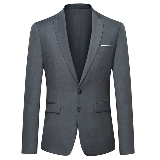 Dark Grey # Men's slim fit 3-piece casual suit with notched lapel and button closure, dark grey formal blazer jacket with four-button cuffs, matching vest and flat-front trousers with extended waist strap and slanted side pockets, elegant polyester viscose blend suit for business, wedding, office and daily wear, isolated on white background.