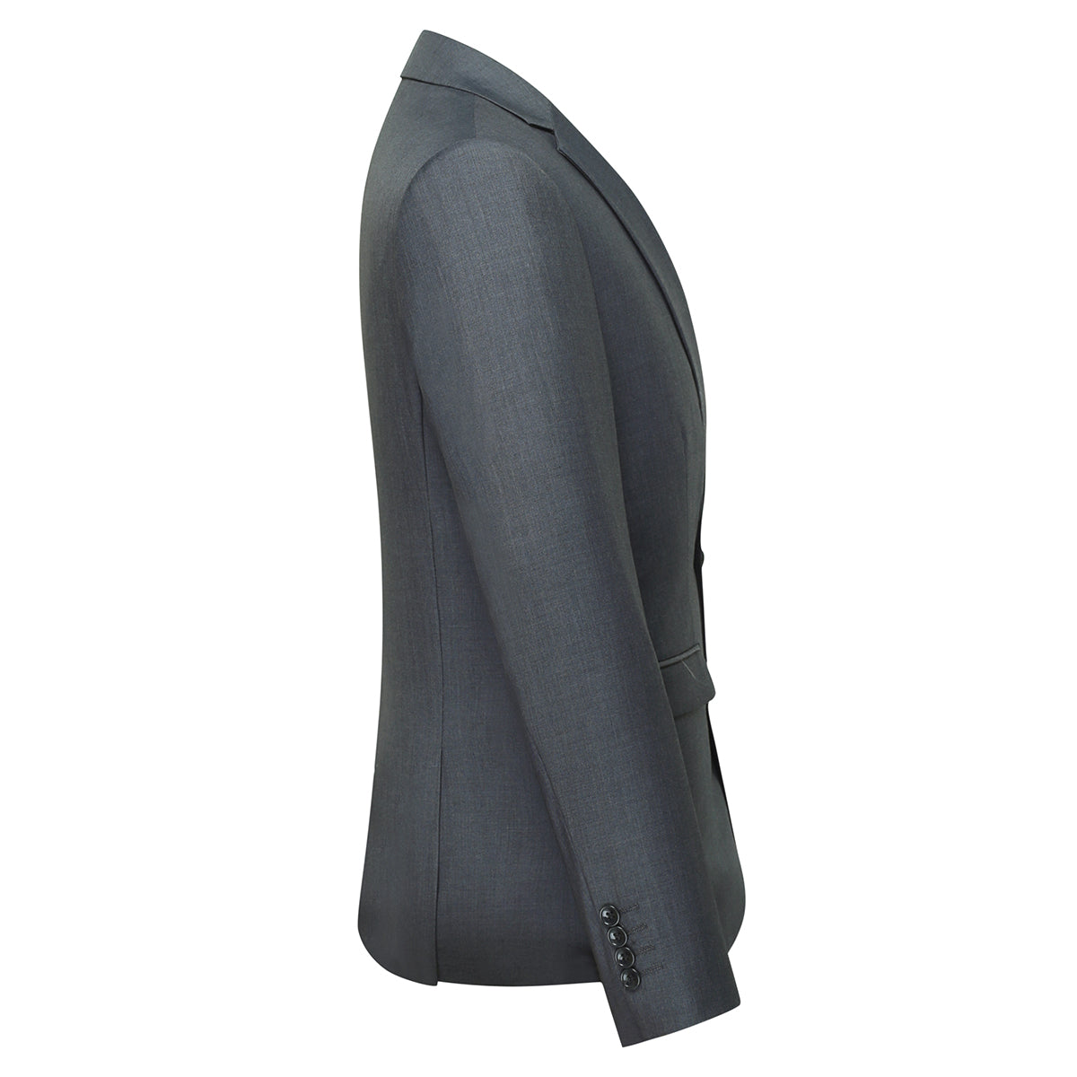 Dark Grey # Men's slim fit 3-piece casual suit with notched lapel and button closure, dark grey formal blazer jacket with four-button cuffs, matching vest and flat-front trousers with extended waist strap and slanted side pockets, elegant polyester viscose blend suit for business, wedding, office and daily wear, isolated on white background.