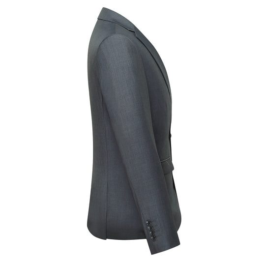 Dark Grey # Men's slim fit 3-piece casual suit with notched lapel and button closure, dark grey formal blazer jacket with four-button cuffs, matching vest and flat-front trousers with extended waist strap and slanted side pockets, elegant polyester viscose blend suit for business, wedding, office and daily wear, isolated on white background.