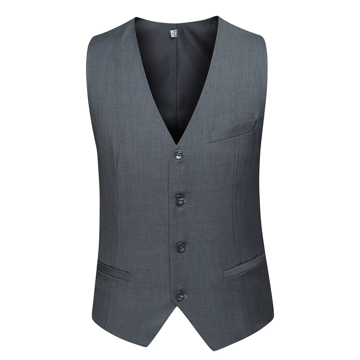 Dark Grey # Men's slim fit 3-piece casual suit with notched lapel and button closure, dark grey formal blazer jacket with four-button cuffs, matching vest and flat-front trousers with extended waist strap and slanted side pockets, elegant polyester viscose blend suit for business, wedding, office and daily wear, isolated on white background.