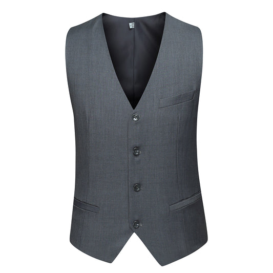 Dark Grey # Men's slim fit 3-piece casual suit with notched lapel and button closure, dark grey formal blazer jacket with four-button cuffs, matching vest and flat-front trousers with extended waist strap and slanted side pockets, elegant polyester viscose blend suit for business, wedding, office and daily wear, isolated on white background.