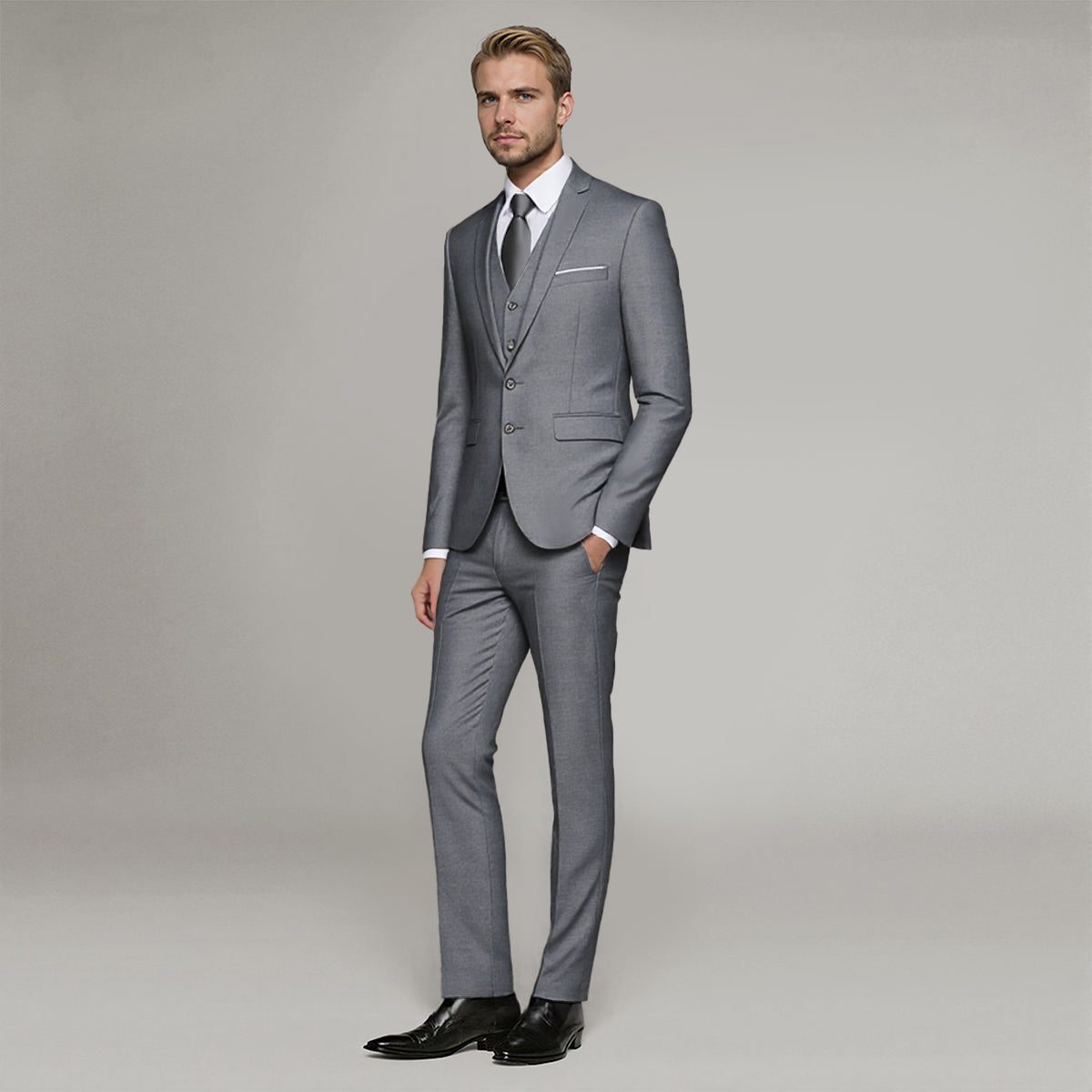 Dark Grey # Men's slim fit 3-piece casual suit with notched lapel and button closure, dark grey formal blazer jacket with four-button cuffs, matching vest and flat-front trousers with extended waist strap and slanted side pockets, elegant polyester viscose blend suit for business, wedding, office and daily wear, isolated on white background.