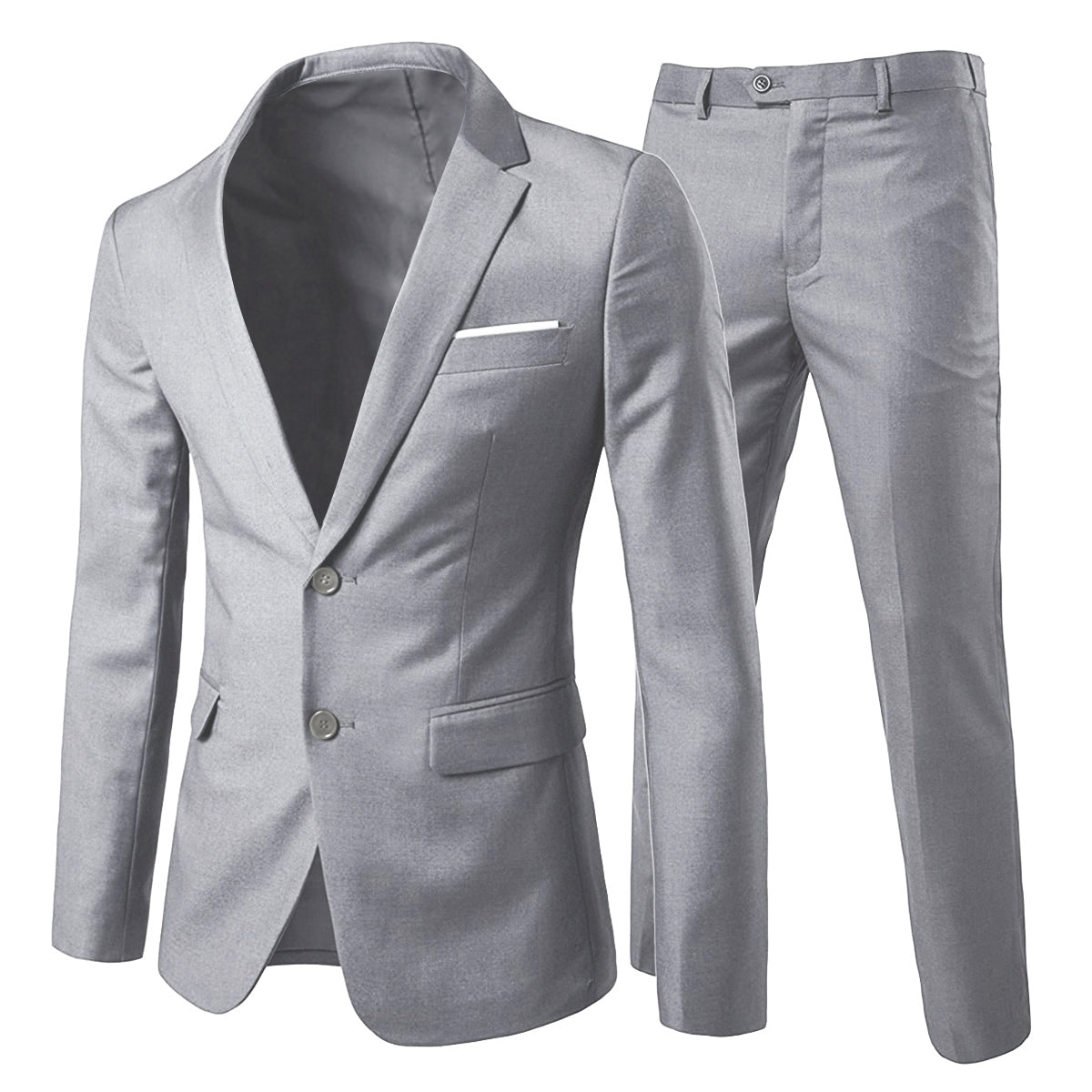 Light Grey # Men's slim fit 3-piece casual suit with notched lapel and button closure, light grey formal blazer jacket with four-button cuffs, matching vest and flat-front trousers with extended waist strap and slanted side pockets, elegant polyester viscose blend suit for business, wedding, office and daily wear, isolated on white background.