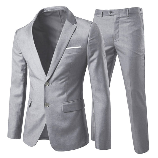 Light Grey # Men's slim fit 3-piece casual suit with notched lapel and button closure, light grey formal blazer jacket with four-button cuffs, matching vest and flat-front trousers with extended waist strap and slanted side pockets, elegant polyester viscose blend suit for business, wedding, office and daily wear, isolated on white background.